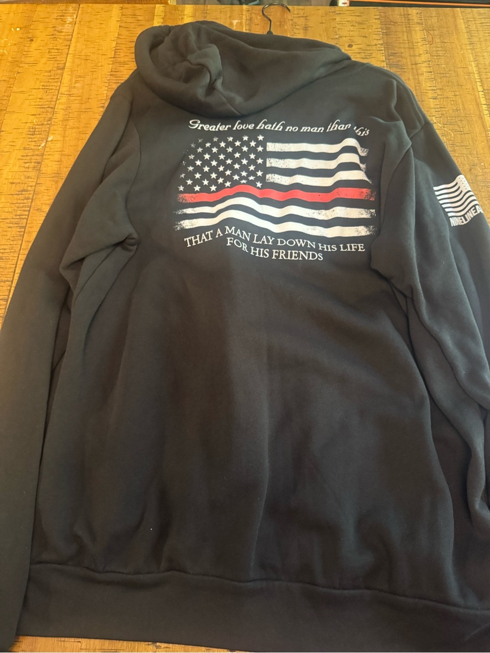 Nine Line Men's Black full zip Hoodie with Thin Red Line American Flag Fire